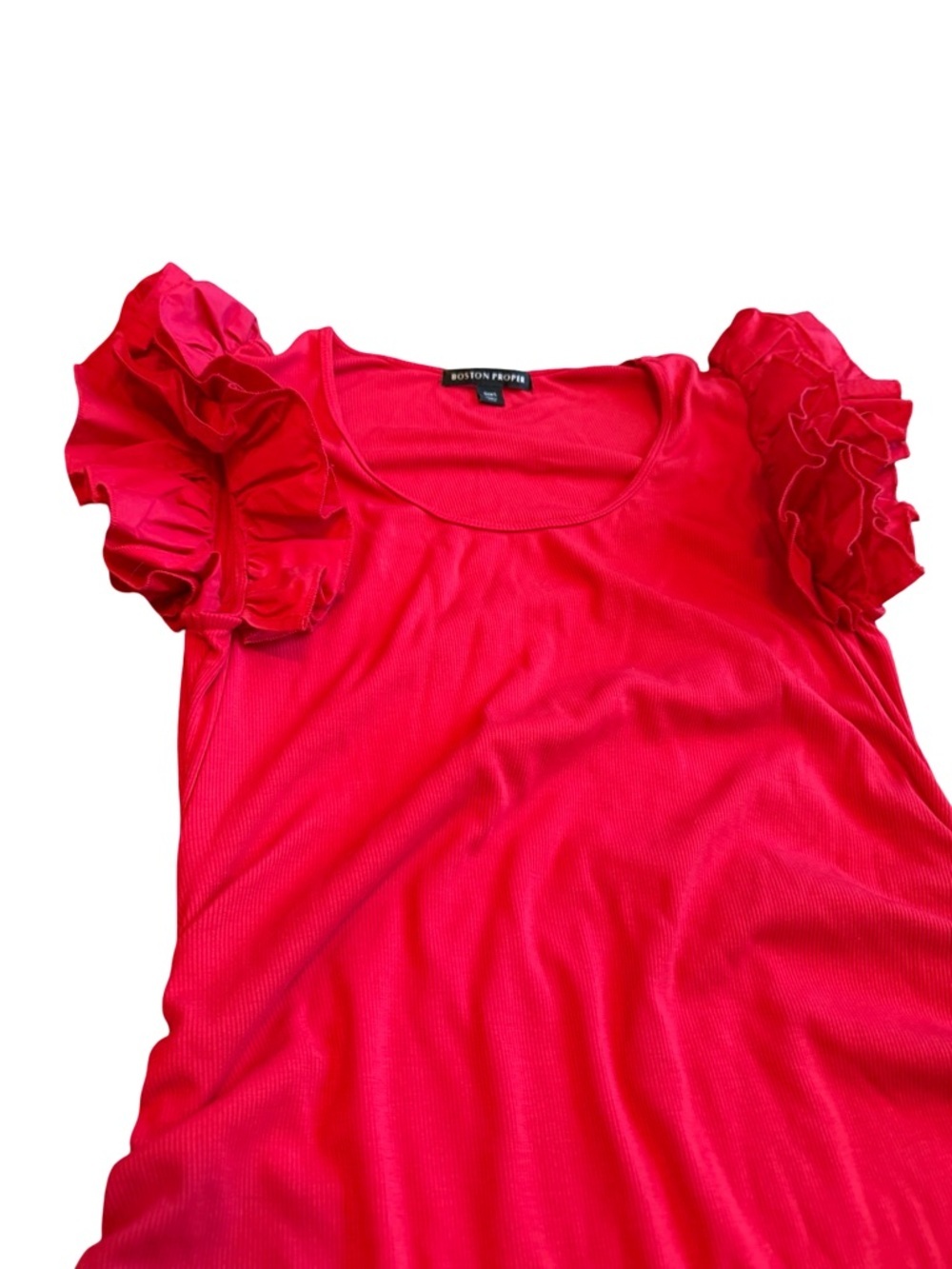 Boston Proper Ruffle Knit Rib Ruched Dress Bold Red Stretch Fitted Size Large - Picture 2 of 12